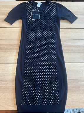 Oscar de la Renta Embellished Knit Dress Navy Blue XS Made in Italy